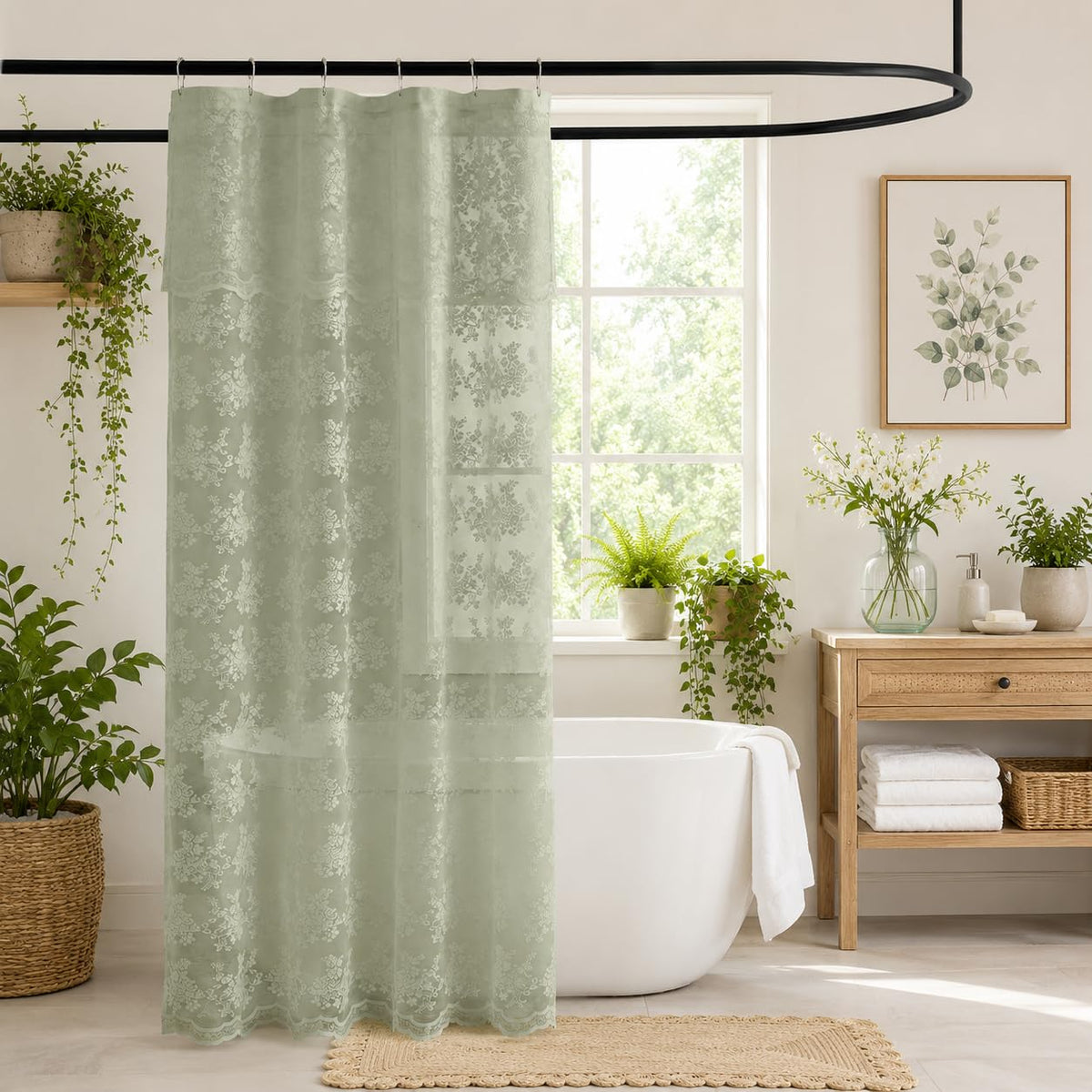 TUDECO Lace Brown Shower Curtain with Attached Valance, 72 x 72 Inch