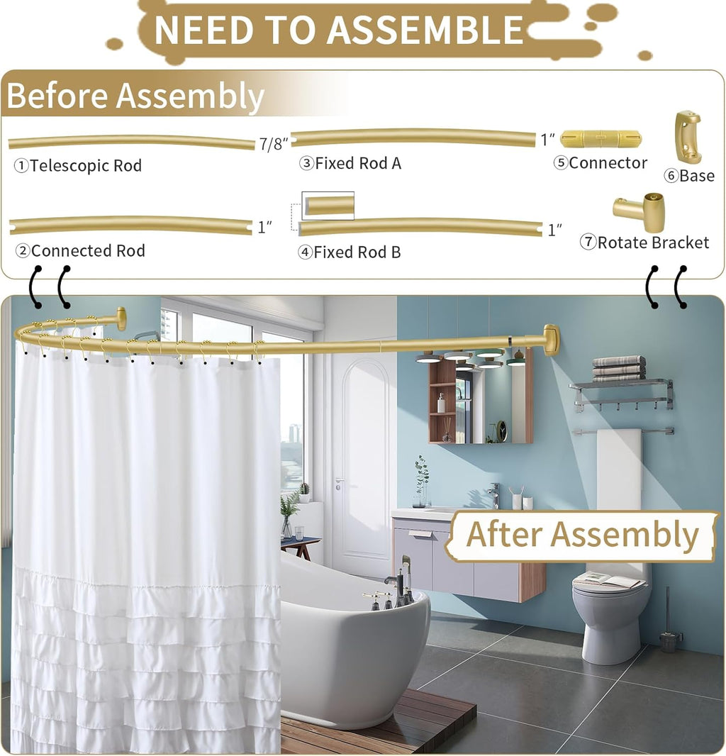 YNL Curved Shower Curtain Rod 35-82In(2.9-6.8Ft), Gold Round Rustproof Shower Rod for Bathroom Bathtub, Adjustable Arched Shower Curtain Rod, Never Rust|Extra Space|Non-Slip|Expandable|Need to Drill