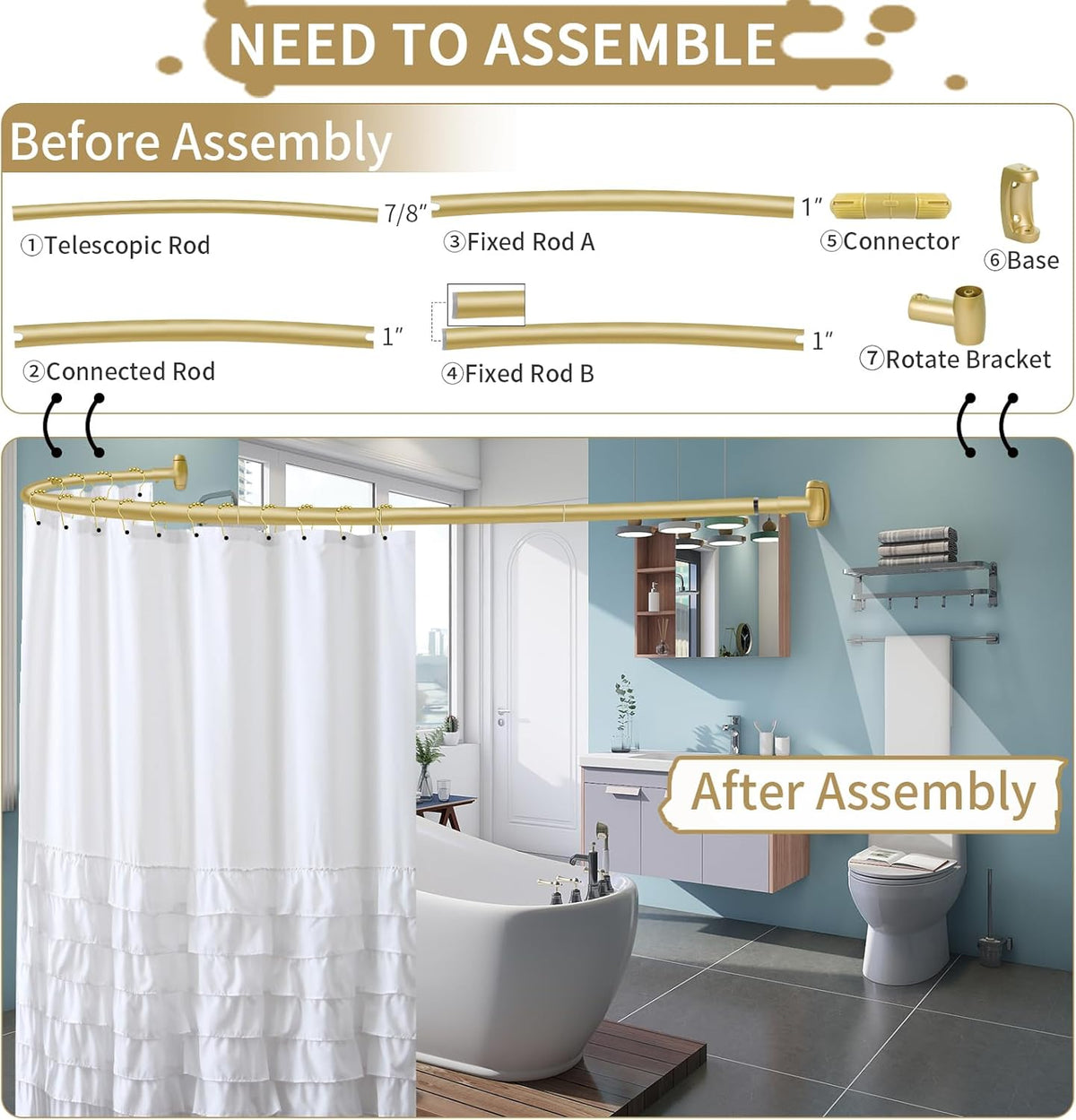 YNL Curved Shower Curtain Rod 35-82In(2.9-6.8Ft), Gold Round Rustproof Shower Rod for Bathroom Bathtub, Adjustable Arched Shower Curtain Rod, Never Rust|Extra Space|Non-Slip|Expandable|Need to Drill