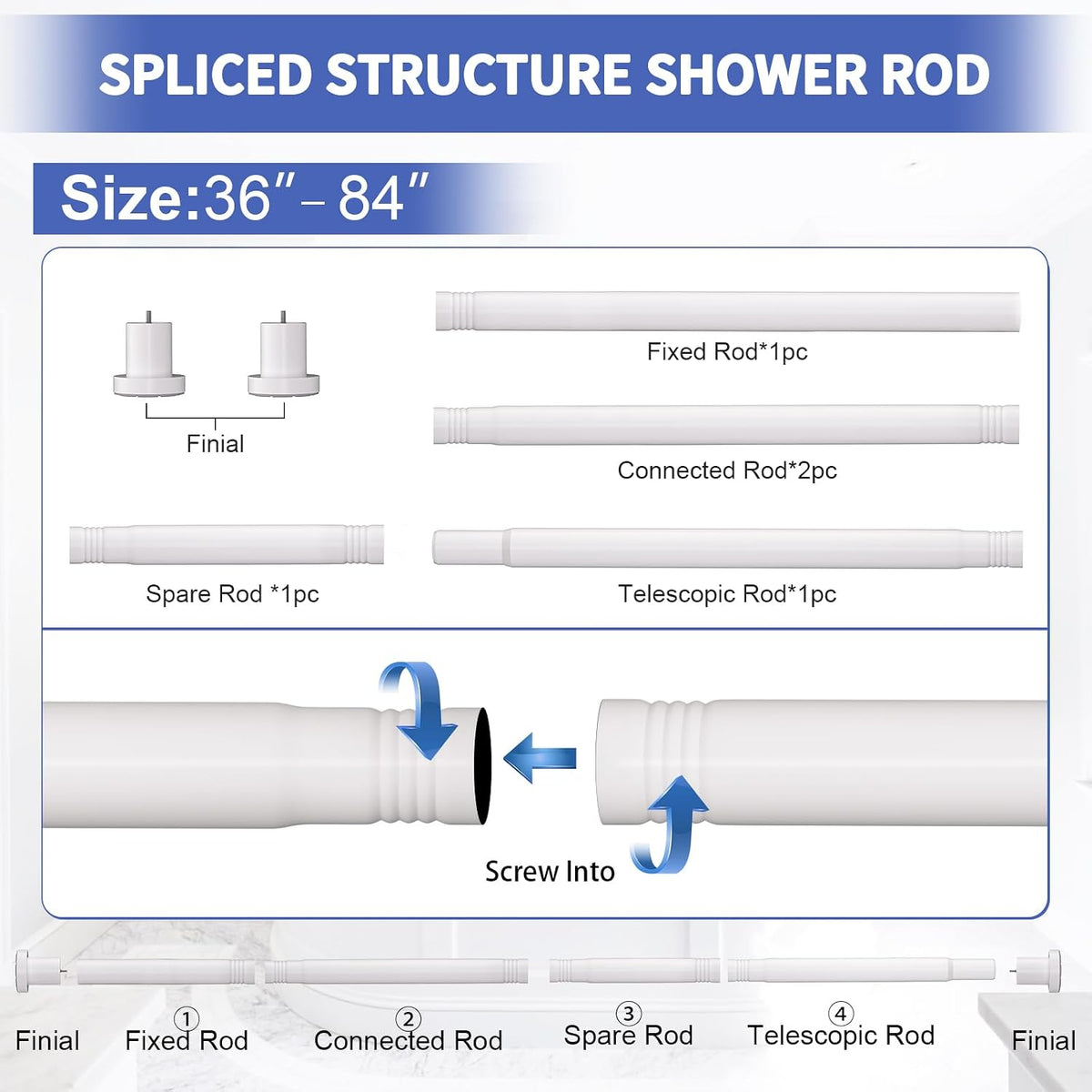 ZYRW White Shower Curtain Rod 36-84 Inches No Drill Adjustable Shower Rod