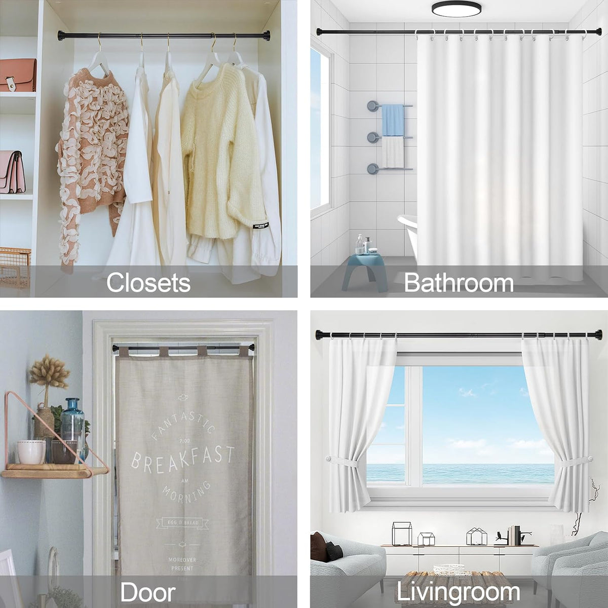Thestoa Shower Curtain Rod Adjustable 43-78 inch, 1"Diameter Spring Tension Curtain Rod No Drill, Anti-Rust Non-Slip Shower Rod, Black Shower Curtain Rod for Bathroom Tension