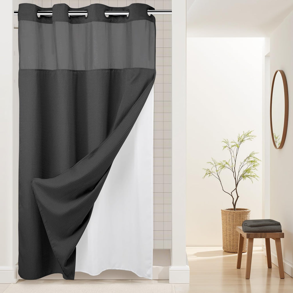 River Dream Heavyweight Waffle No Hook Shower Curtain with Liner,Gray,71x74