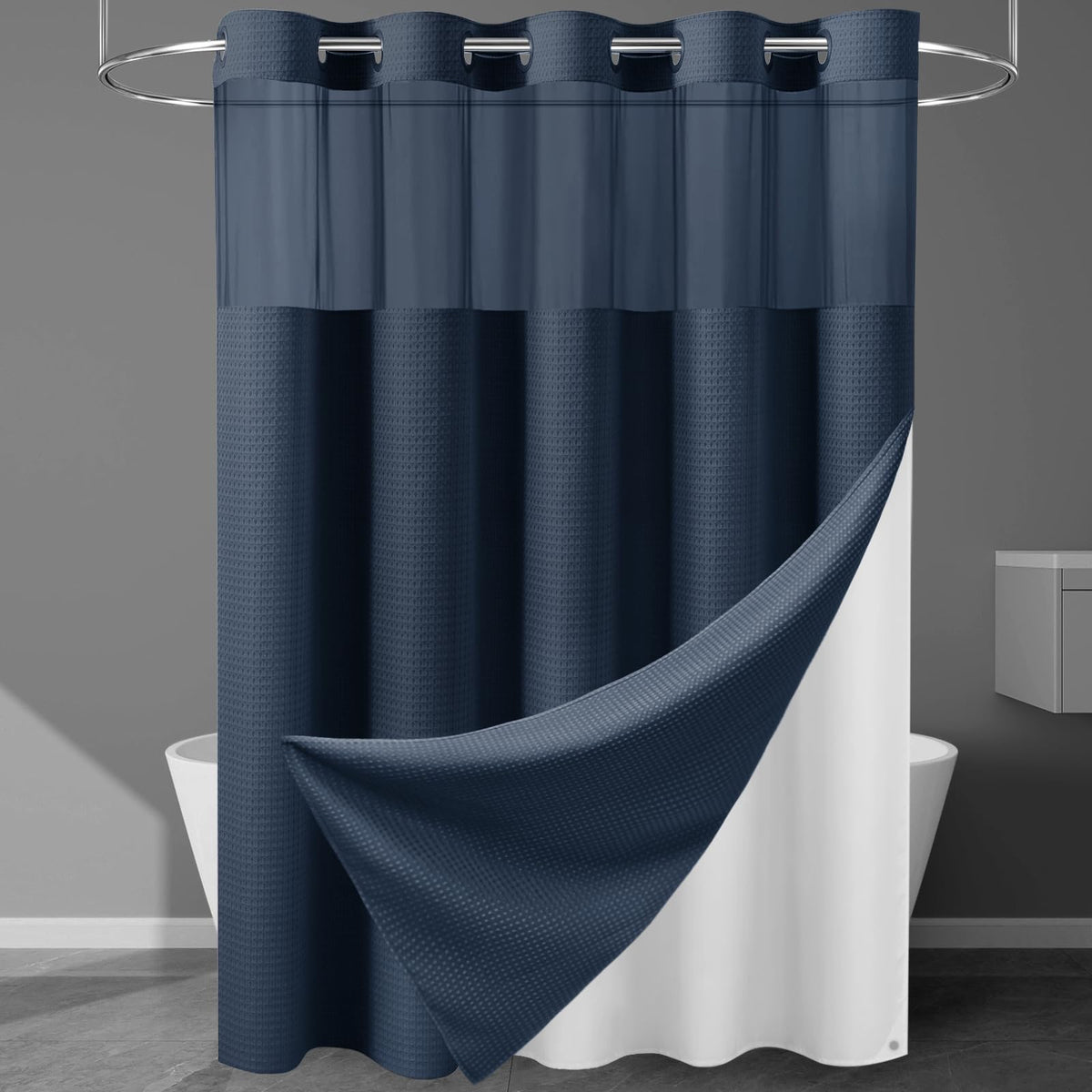 256GSM Heavyweight Ringless Waffle Shower Curtain with Liner, 71x74, White