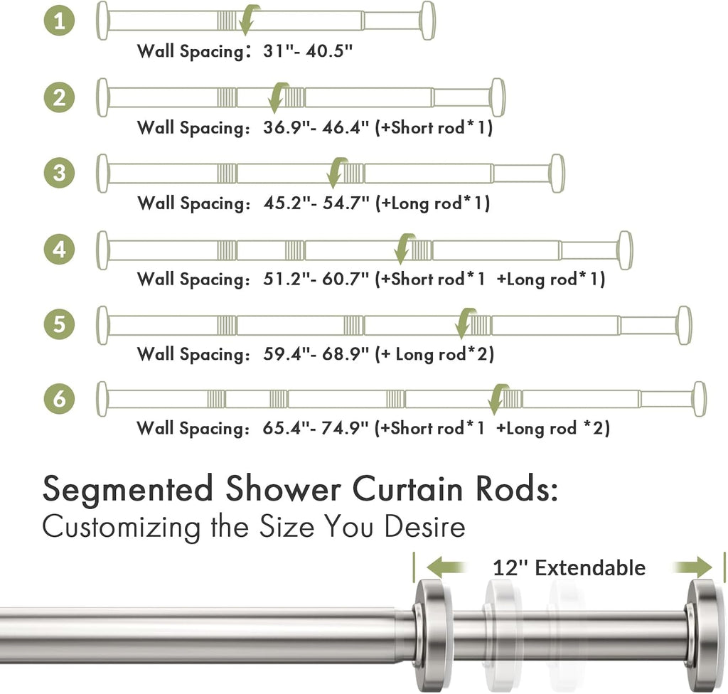 AmazerBath Nickel Spring Tension Shower Curtain Rod 31-75 Inches, 1 Inch Diameter Heavy Duty Tension Rod Rust Proof Bathroom Curtain Rod, Adjustable No Drill Easy Segmented Installation