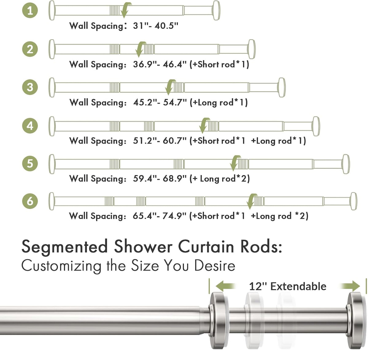 AmazerBath Nickel Spring Tension Shower Curtain Rod 31-75 Inches, 1 Inch Diameter Heavy Duty Tension Rod Rust Proof Bathroom Curtain Rod, Adjustable No Drill Easy Segmented Installation