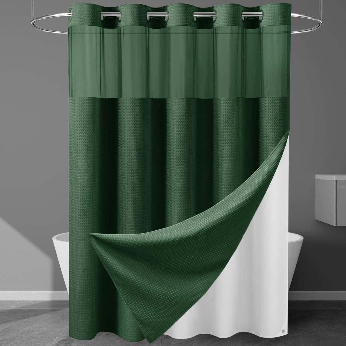 256GSM Heavyweight Ringless Waffle Shower Curtain with Liner, 71x74, White