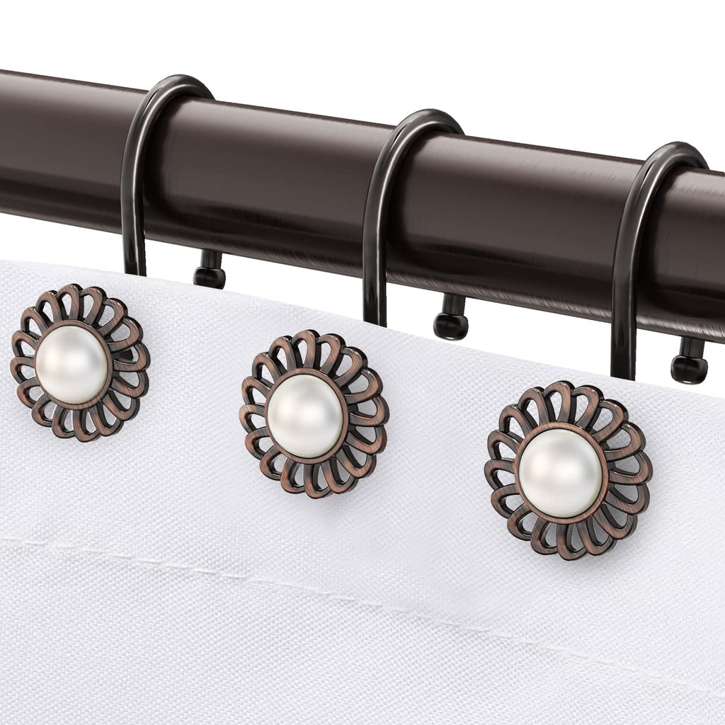 Nickel Shower Curtain Hooks Rings, Decorative Shower Curtain Hangers, Heavy Duty Metal Shower Rings, Sunflower Shower Hooks for Shower Curtain Rod and Liner, Bathroom Curtain Hooks, Set of 12