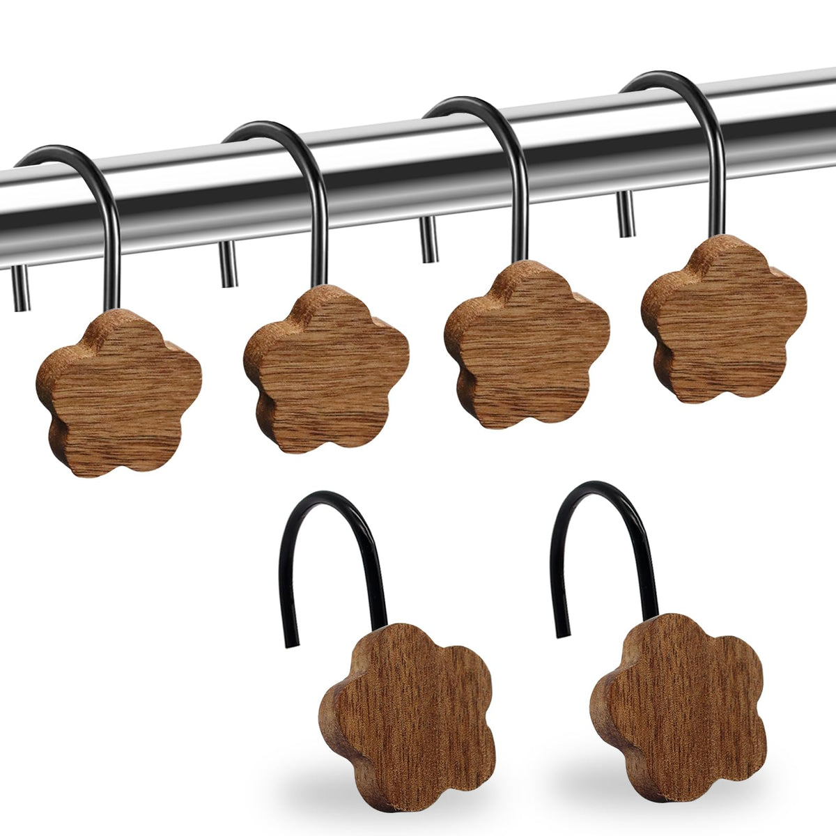 Shower Curtain Hooks, Wood Decorative Shower Curtain Rings, Modern Round Log Shower Curtain Hangers, 12PCS Shower Hooks for Shower Curtain Rod, Bedroom, Living Room (Black)