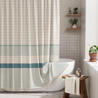 AmazerBath Boho Shower Curtain, Modern Farmhouse Shower Curtain Set with Tassels, Rustic Faux Linen Green Striped Shower Curtain with Hooks, Light Tan Toned, 72x72 Inches
