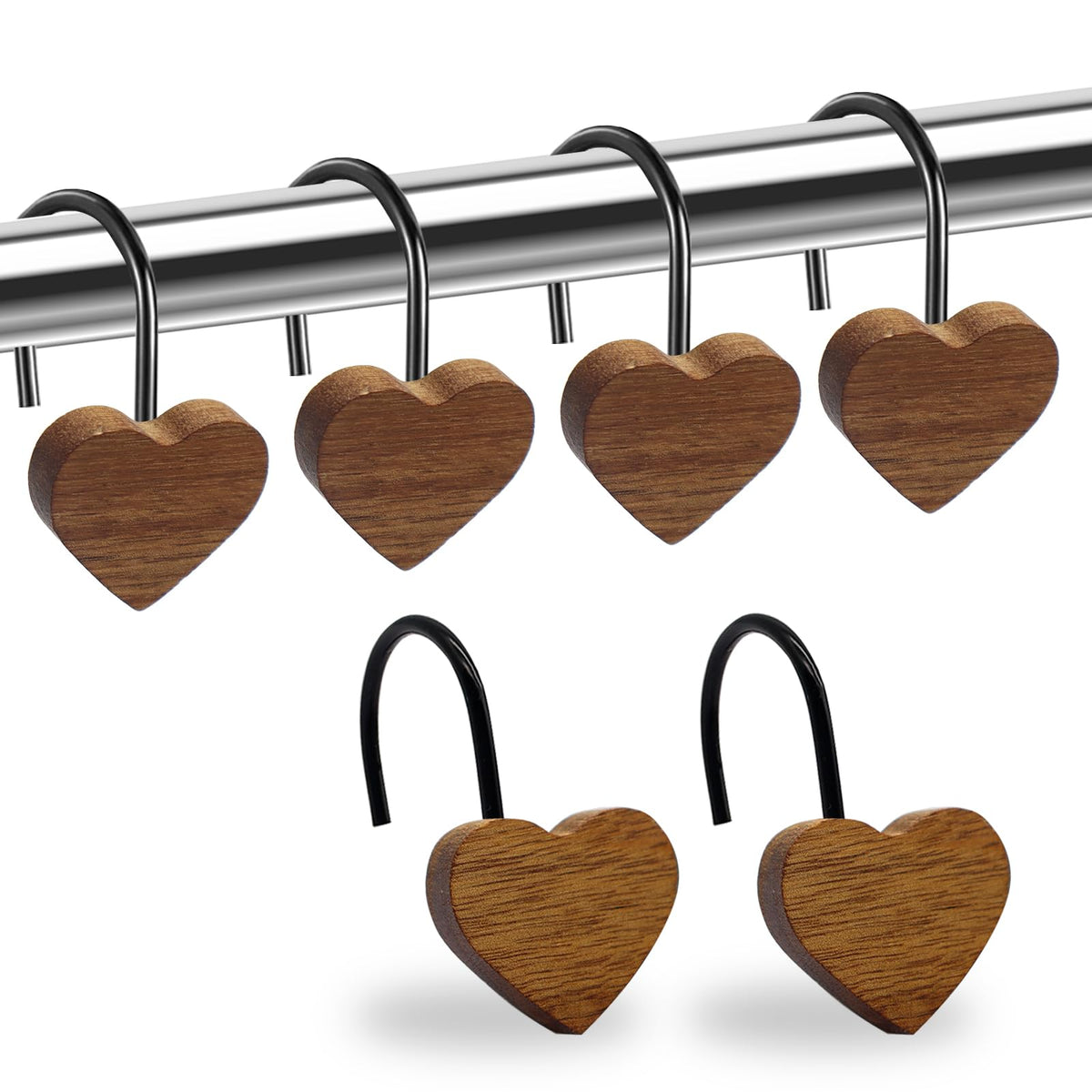Shower Curtain Hooks, Wood Decorative Shower Curtain Rings, Modern Round Log Shower Curtain Hangers, 12PCS Shower Hooks for Shower Curtain Rod, Bedroom, Living Room (Black)