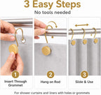 Gold Shower Curtain Hooks, 12 Pack S-Shaped Iron Rings for Bathroom Curtains and Liners, Decorative Metal Shower Hooks for Grommet Curtains, Easy Hanging
