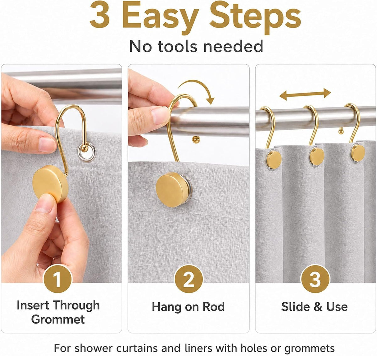 Gold Shower Curtain Hooks, 12 Pack S-Shaped Iron Rings for Bathroom Curtains and Liners, Decorative Metal Shower Hooks for Grommet Curtains, Easy Hanging