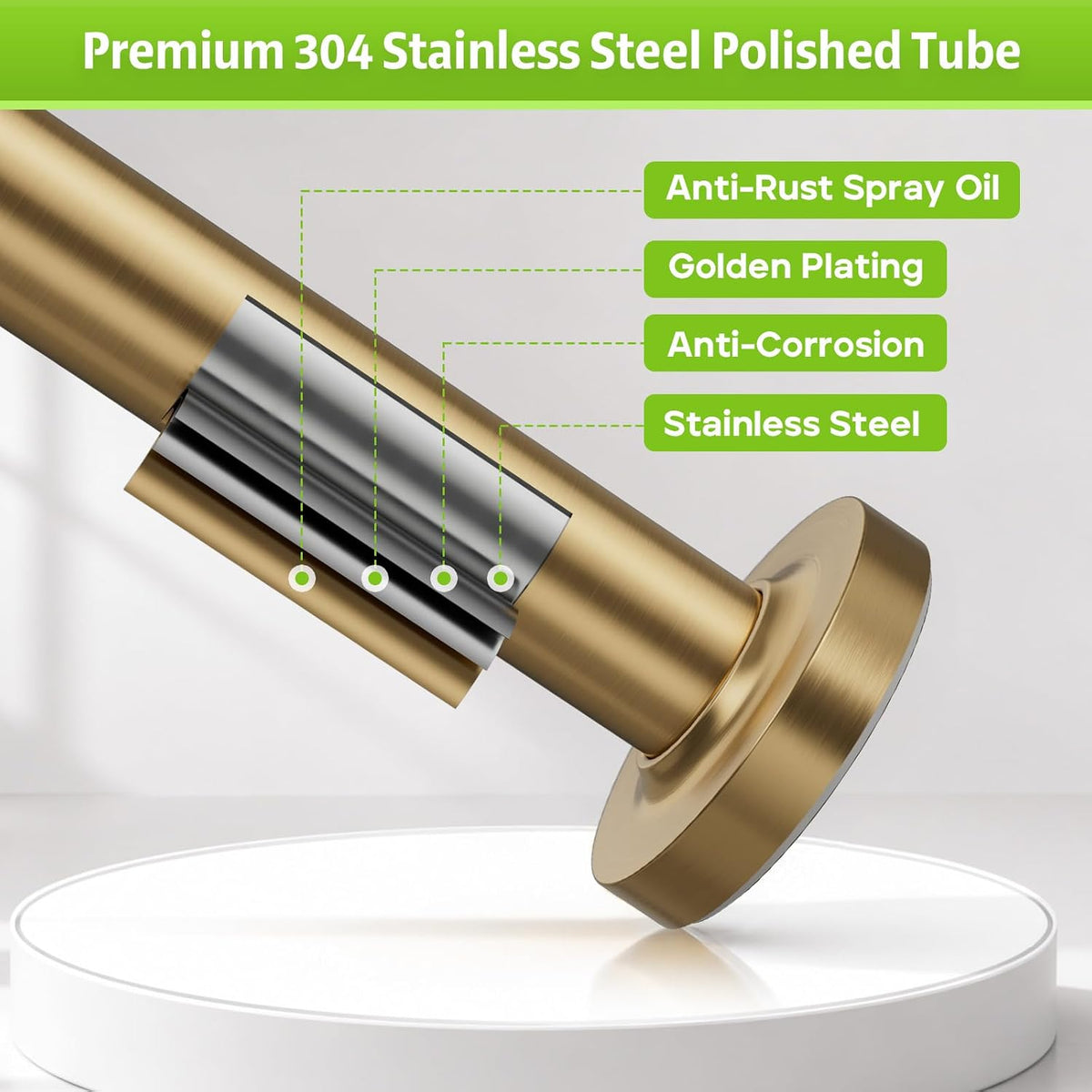 One-Piece Tension Curtain Rod 54-90 inch Brushed Gold Shower Curtain
