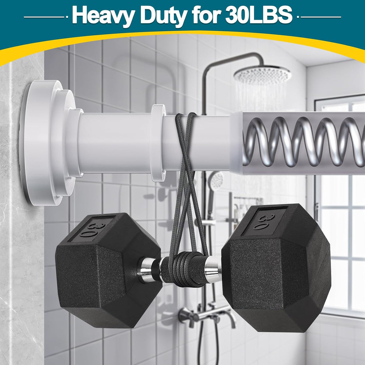 White Tension Shower Curtain Rod 36-84 Inch(3-7ft) Never Rust No Drilling Non Slip Spring Tension Shower Rod, Heavy Duty Tension Rod, Adjustable Curtain Rod for Bathroom Window Living Room