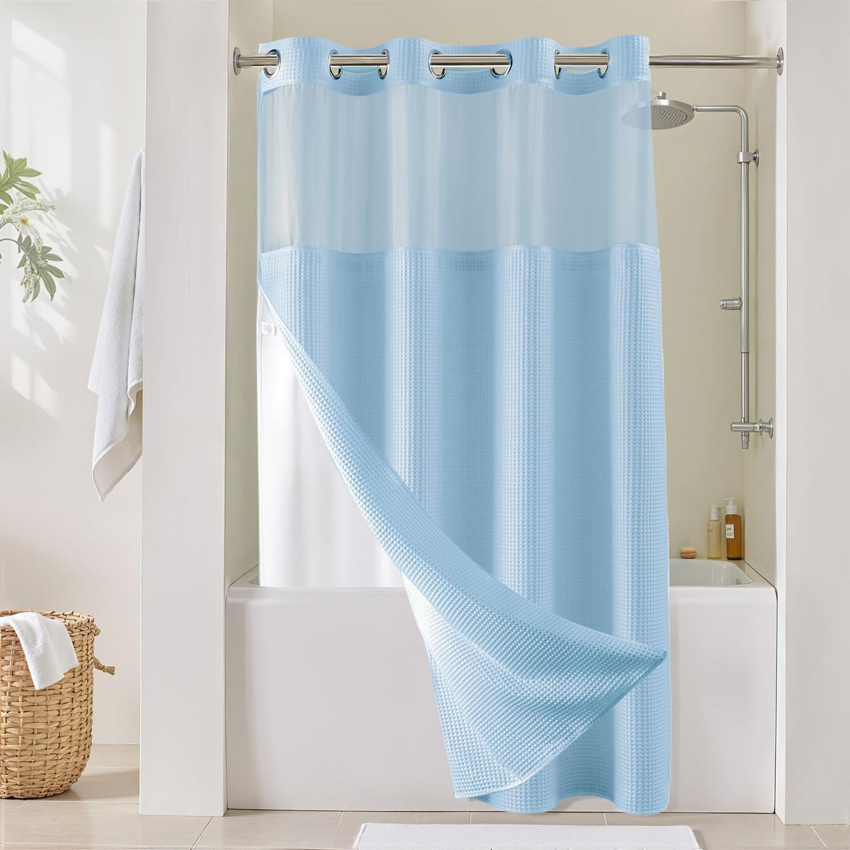 River Dream Cotton Blend Fabric Shower Curtain Set with Liner, White, 54x80