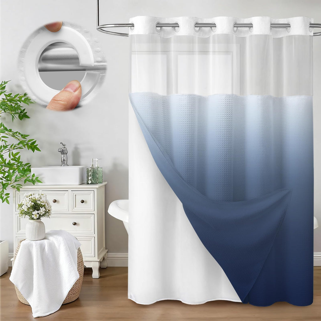 No Hook Shower Curtain with Liner Set Hotel Waffle Curtain White 72W X 75L