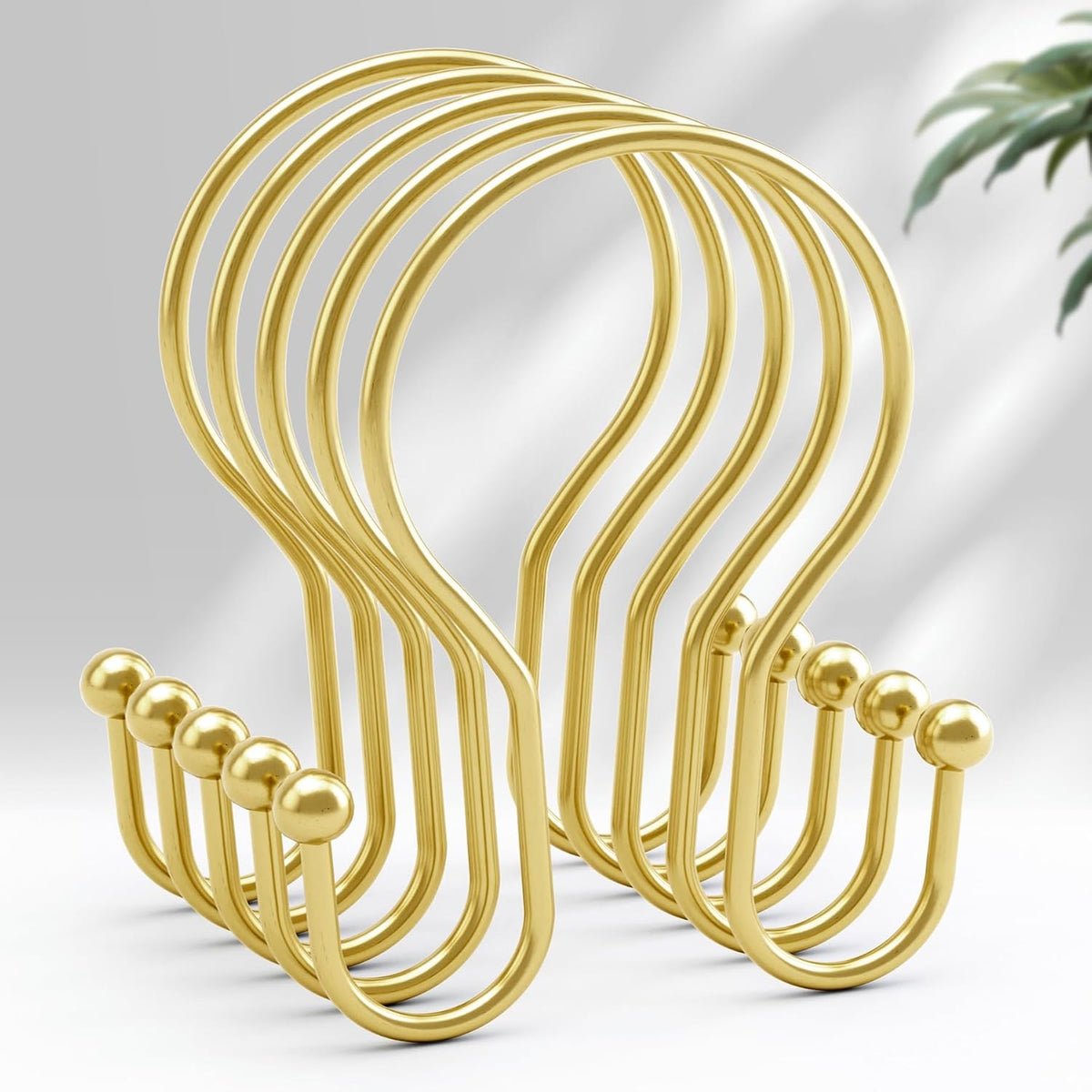 AmazerBath Shower Curtain Hooks Gold Shower Curtain Rings, Simple Double Hook Shower Curtain Hooks Rust Proof, Metal Smooth Shower Hooks for Shower Curtain Rod, 12 Pcs Shower Rod Hook Light Gold