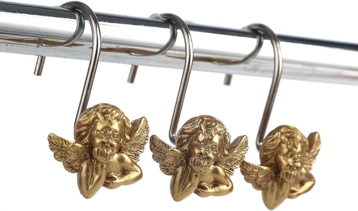 Twofish Home Golden Angel Shower Curtain Hooks Anti Rust Shower Curtain Hooks Decorative Resin Golden Angel Shower Curtain Rings Set of 12