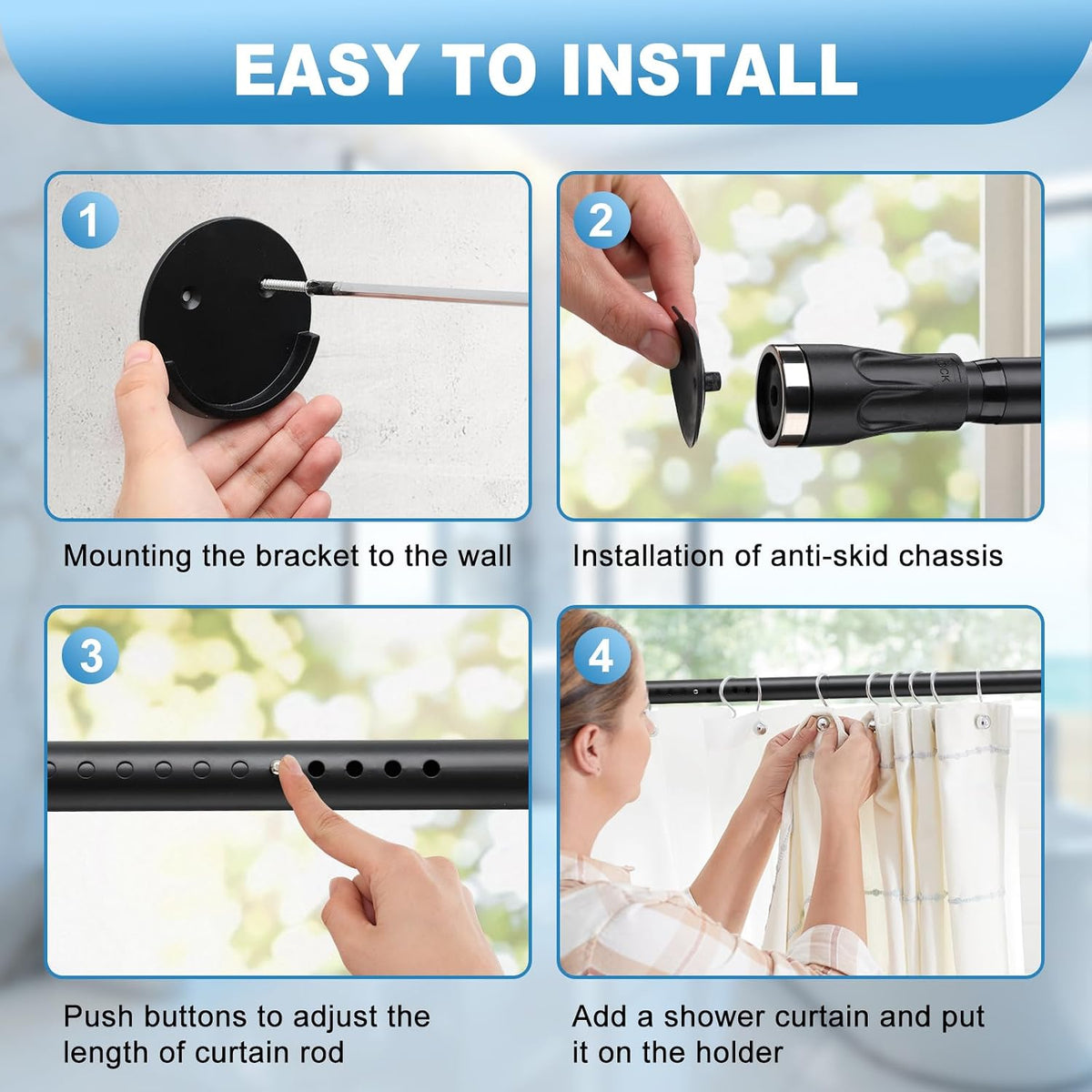 Tension Curtain Rod, 42 to 100 inch Adjustable Heavy Duty black shower curtain rod for bathroom Closet Windows