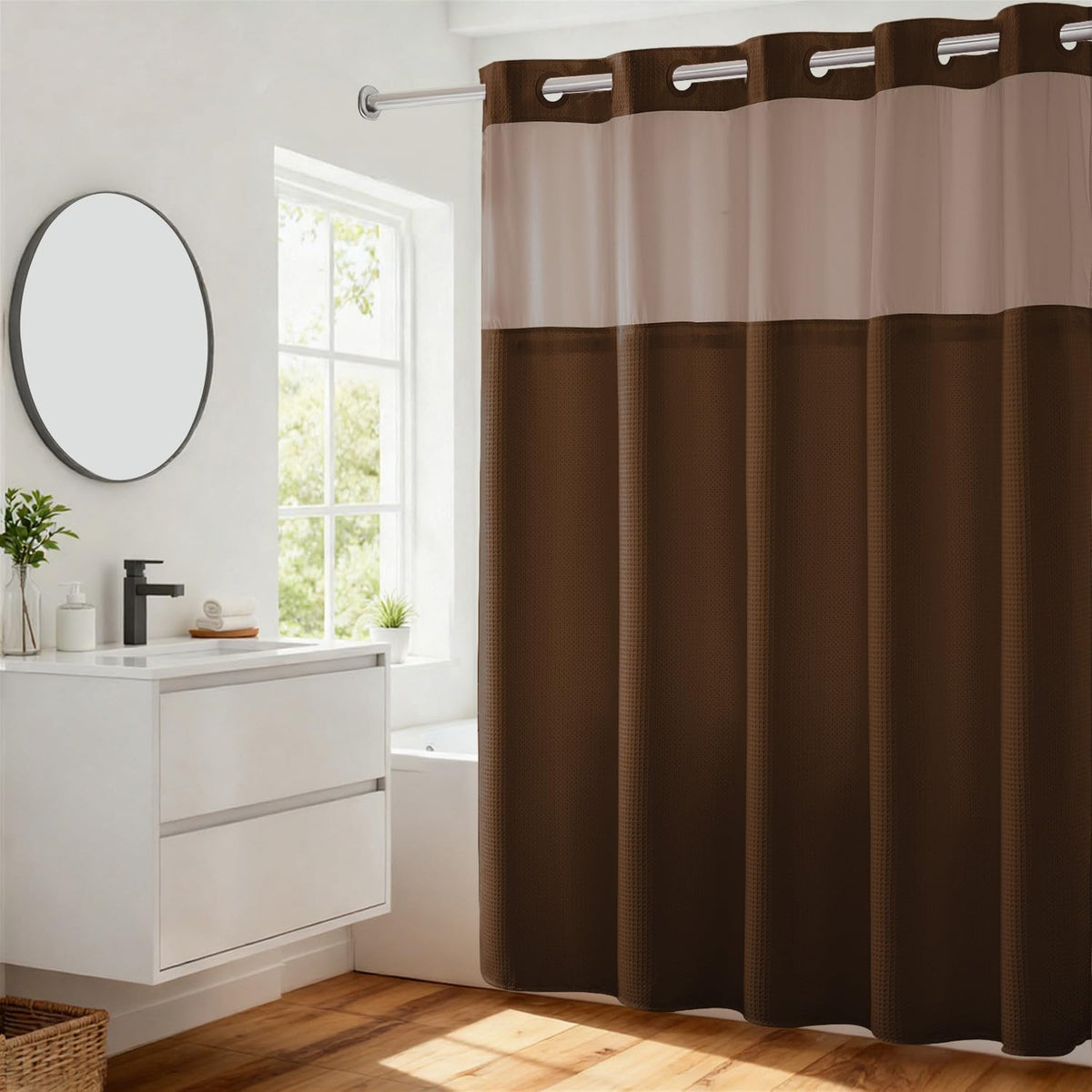 River Dream Heavyweight Waffle No Hook Shower Curtain with Liner,Gray,71x74