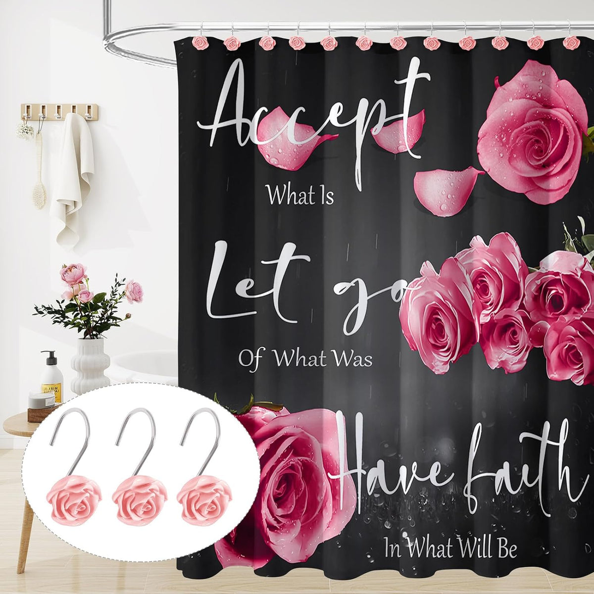 Cute Rose Floral Shower Curtain Hooks Rings for Bathroom,Pink 12PCS