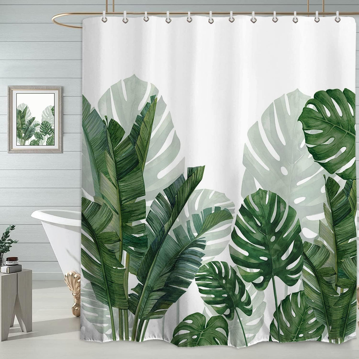 Baccessor Linen Shower Curtain Tropical Green Leaf Shower Curtains Botanical Banana Monstera Leaf Palm Tree Water Repellent Heavy Duty Fabric Cloth Shower Curtain for Bathtubs Hotel 72 W X 72 L Inch