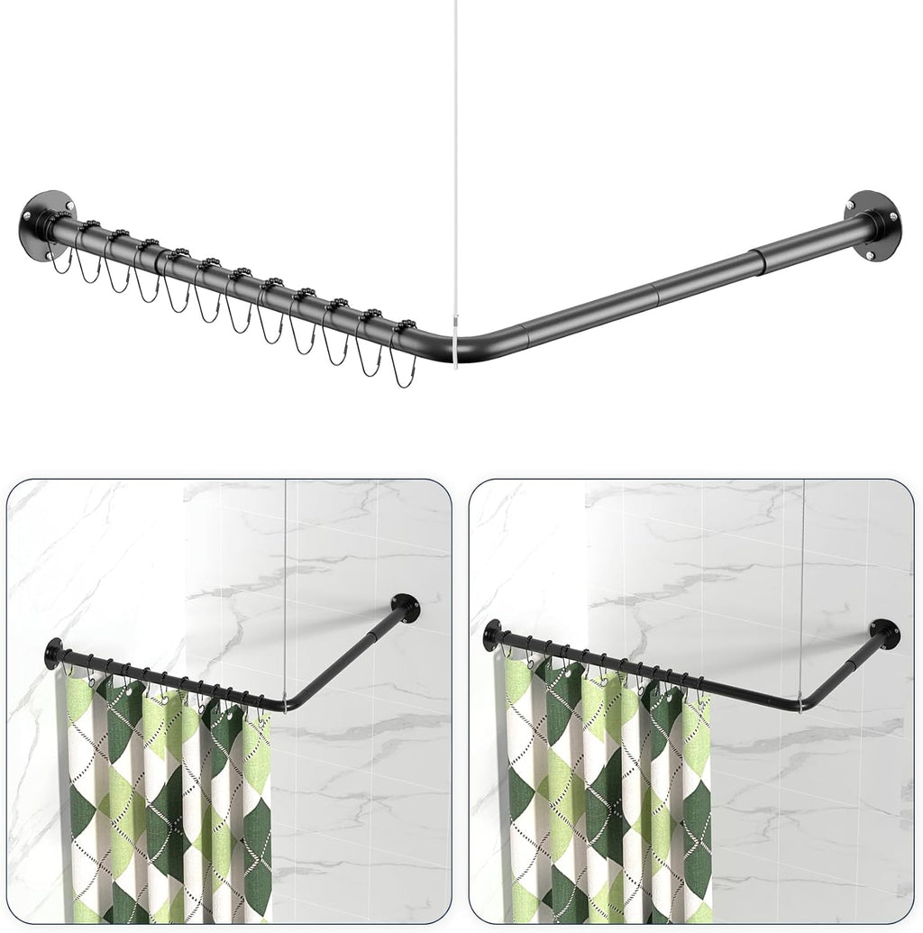 L Shaped Shower Curtain Rods, Adjustable (23''-69'' X 23''-69'') Corner Shower Rod with 12 Shower Curtain Rings for Bathroom, Bathtub, Clothing Store, Need to Drill, Black