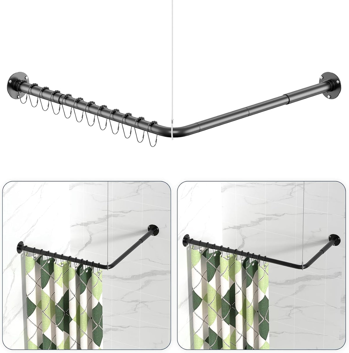 L Shaped Shower Curtain Rods, Adjustable (23''-69'' X 23''-69'') Corner Shower Rod with 12 Shower Curtain Rings for Bathroom, Bathtub, Clothing Store, Need to Drill, Black