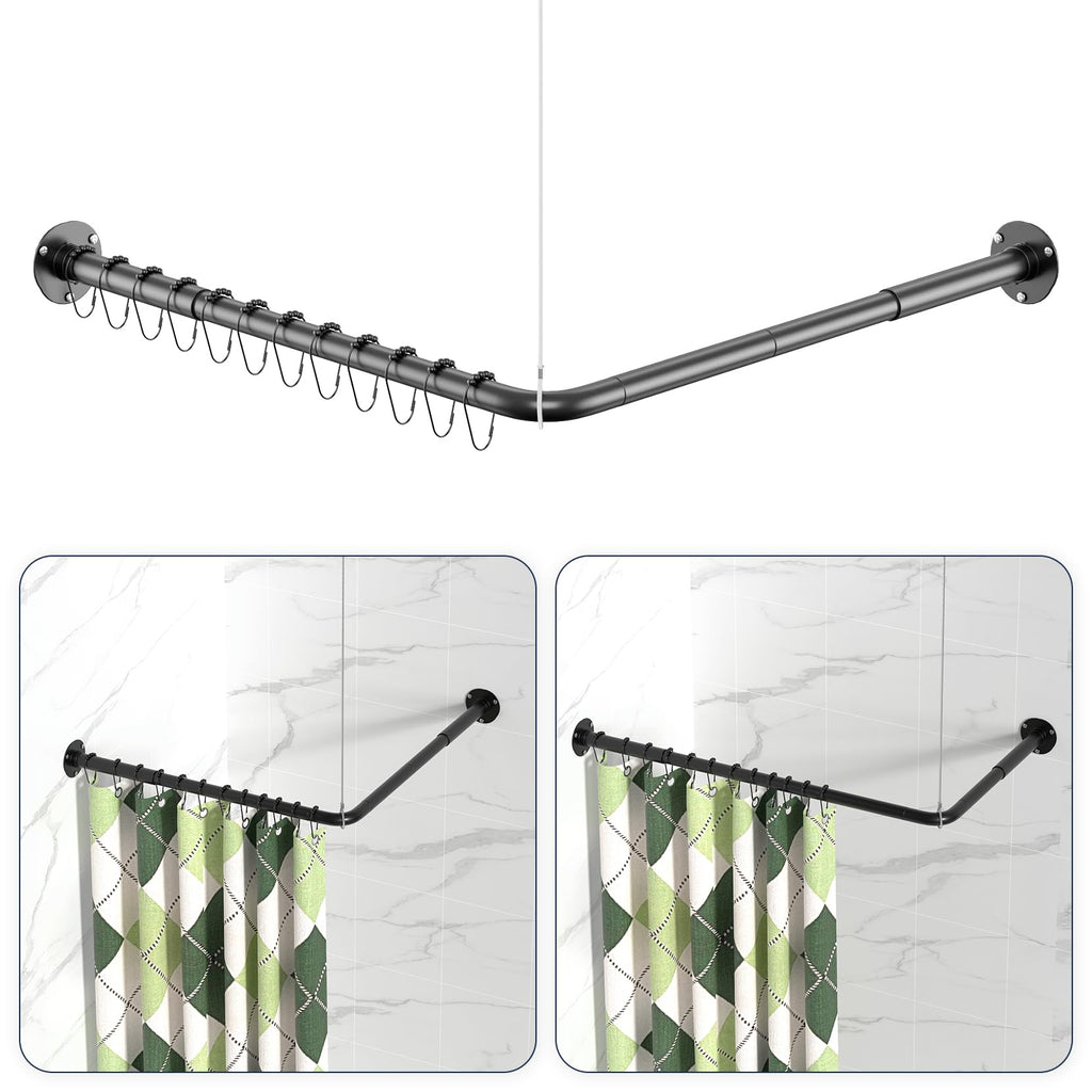 L Shaped Shower Curtain Rods, Adjustable (23''-69'' X 23''-69'') Corner Shower Rod with 12 Shower Curtain Rings for Bathroom, Bathtub, Clothing Store, Need to Drill, Black