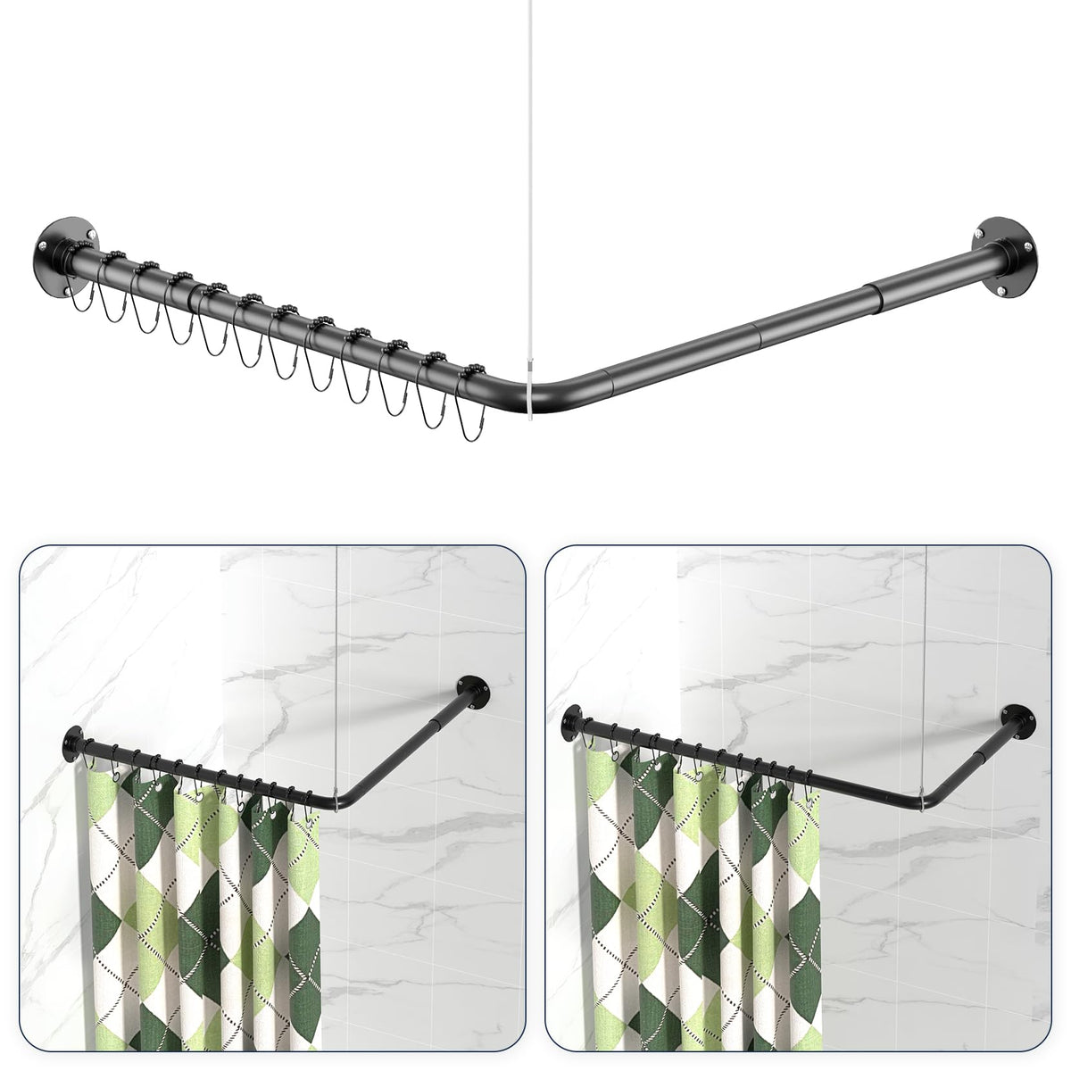 L Shaped Shower Curtain Rods, Adjustable (23''-69'' X 23''-69'') Corner Shower Rod with 12 Shower Curtain Rings for Bathroom, Bathtub, Clothing Store, Need to Drill, Black