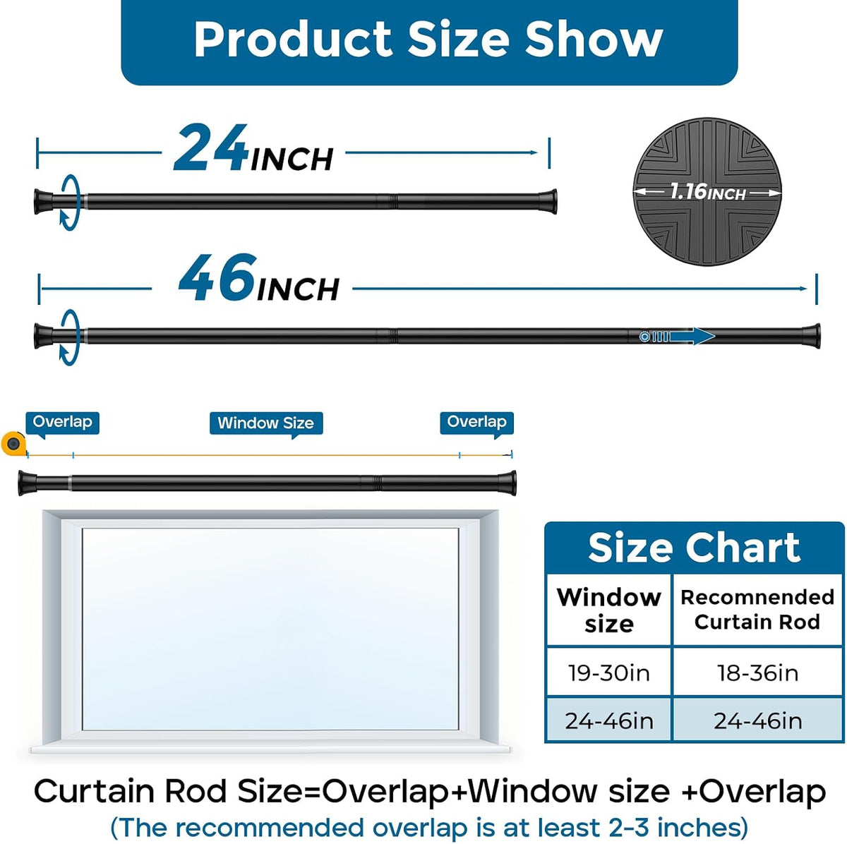 AIZESI Tension Rod 24-46 inch, Tool-Free No Drill Spring Curtain Rod, Black