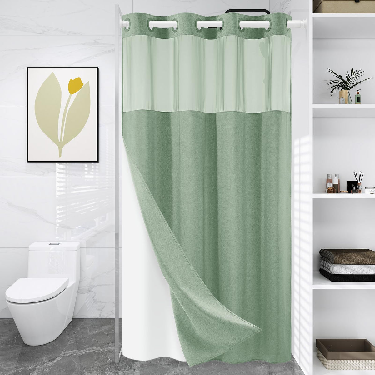 WONICY Hook-Free Shower Curtain with Snap-in Liner, Cream, 71 x 74