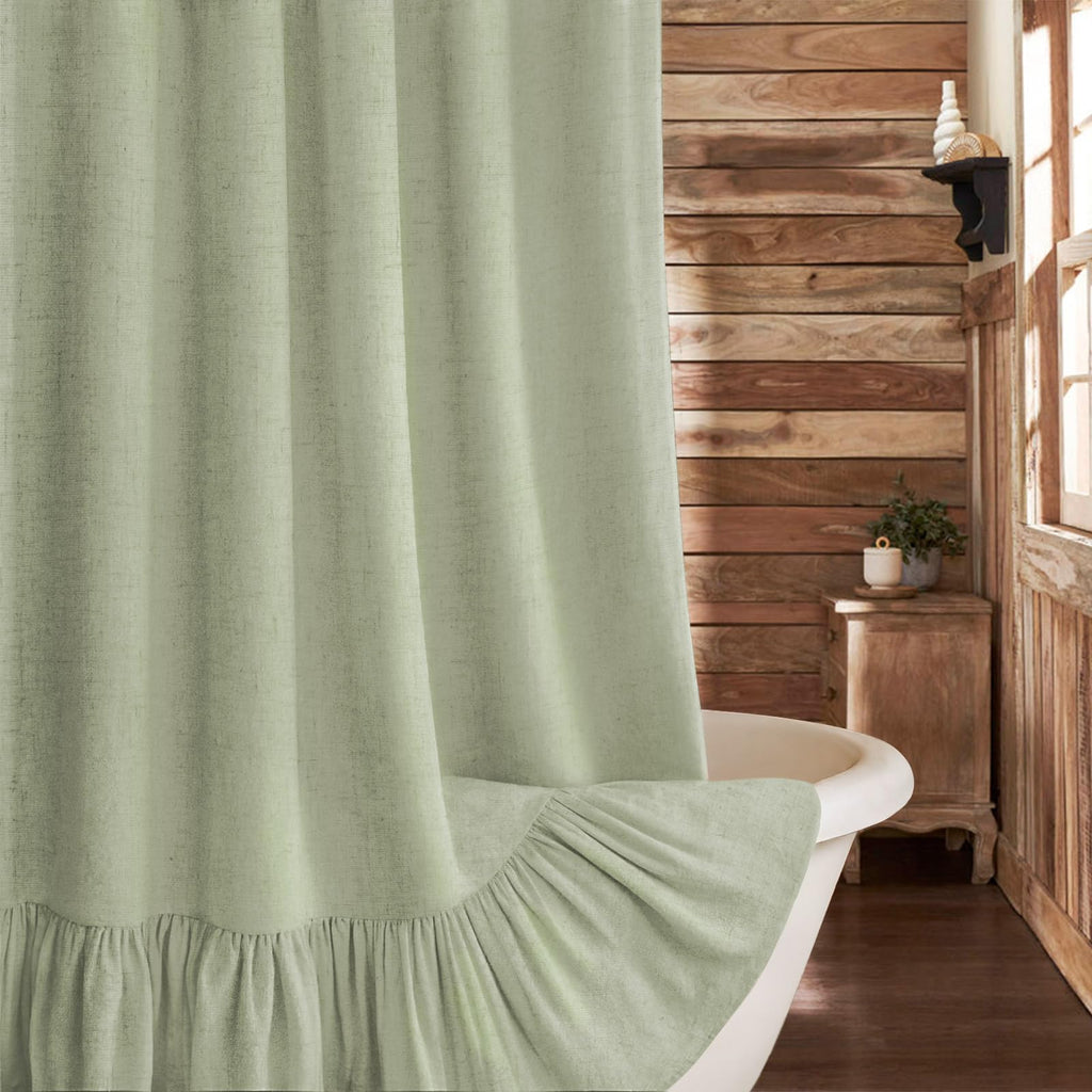 Farmhouse Shower Curtain Ruffle Linen Cream-Brown Stripe 72"W x 84"L