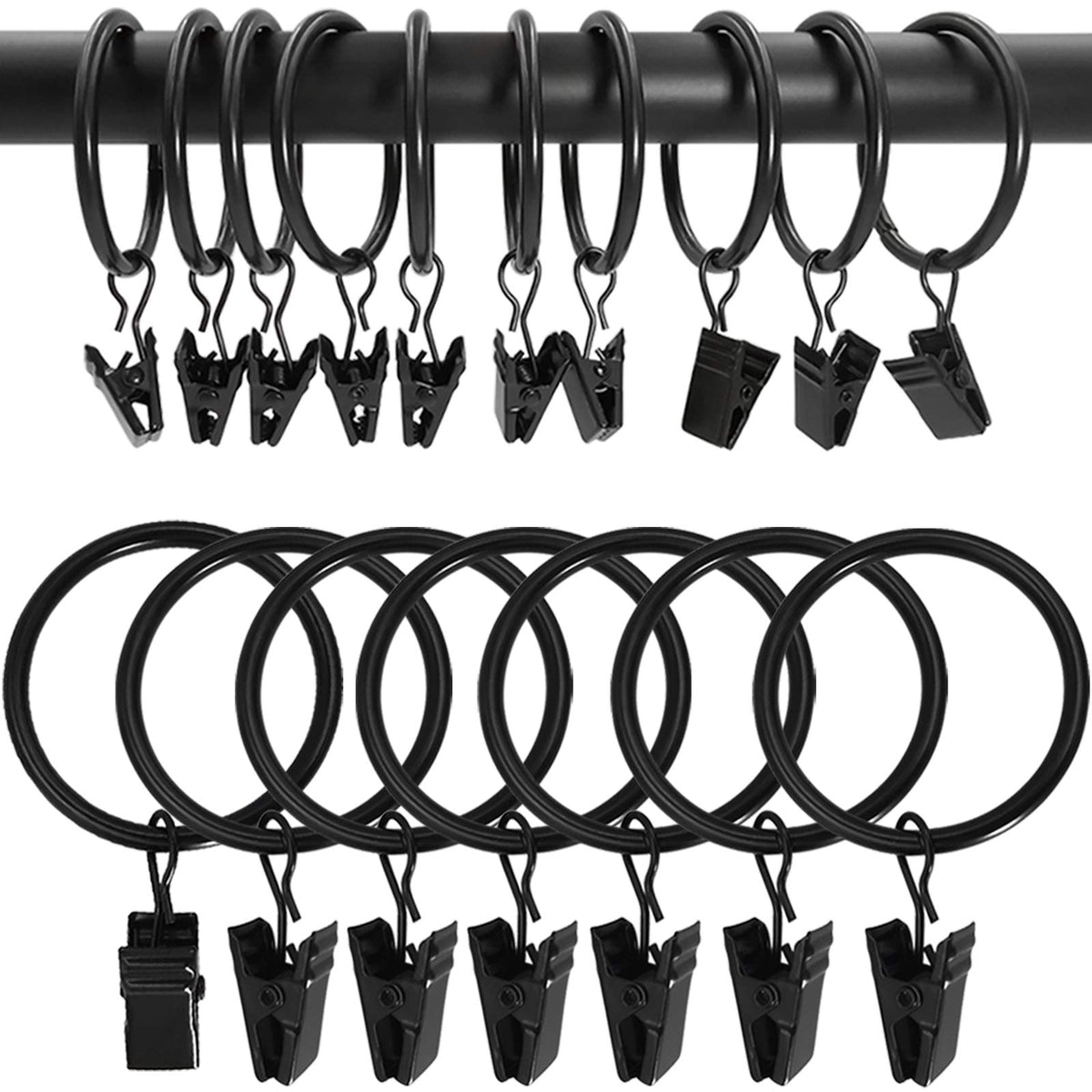 40 Pack Curtain Rings with Clips, Drapery Clips with Rings, Drapes Rings 1.26 in Interior Diameter, Fits up to 1 in Curtain Rod, Black