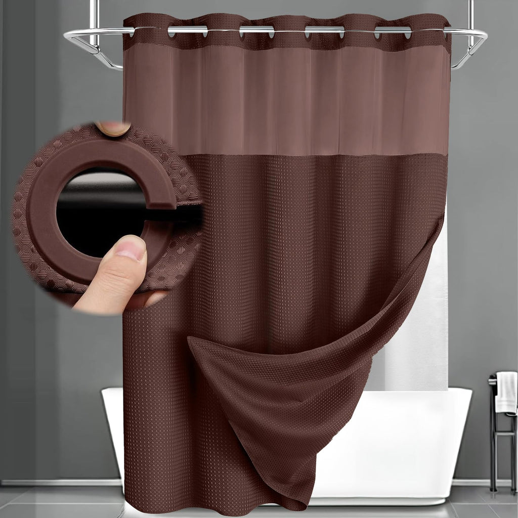 No Hook Shower Curtain with Liner Set Hotel Waffle Curtain White 72W X 75L