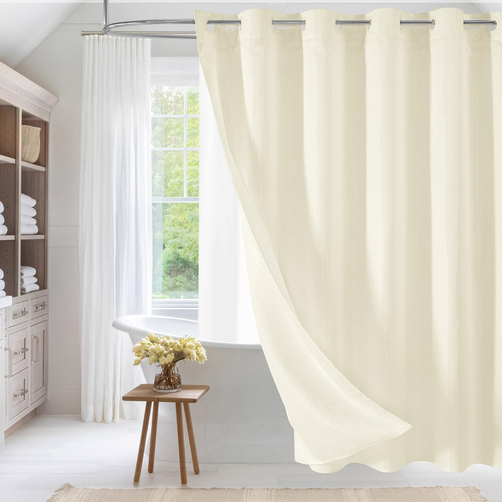 No Hook Weave Fabric Shower Curtain with Snap-in Liner White,72x74