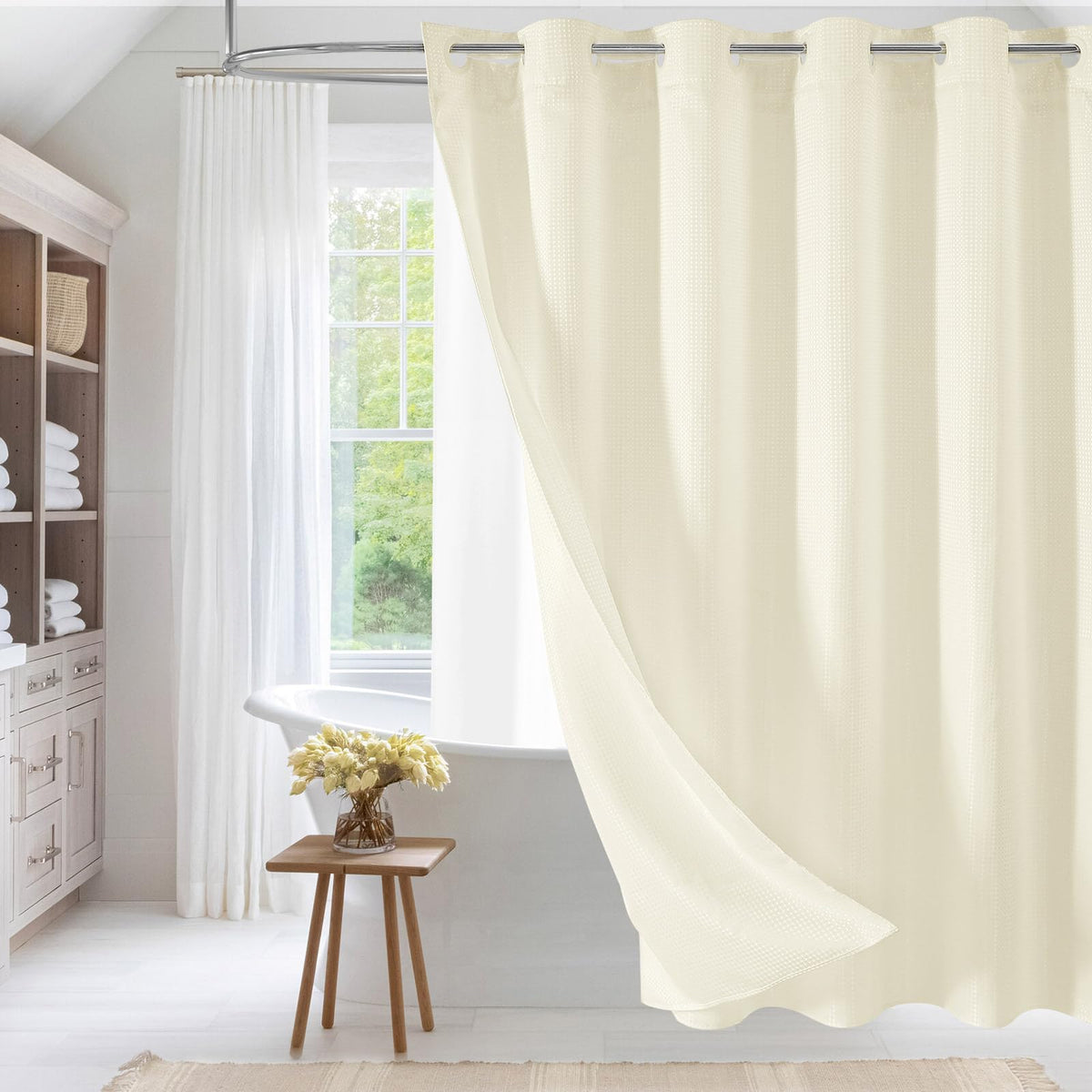 No Hook Weave Fabric Shower Curtain with Snap-in Liner White,72x74