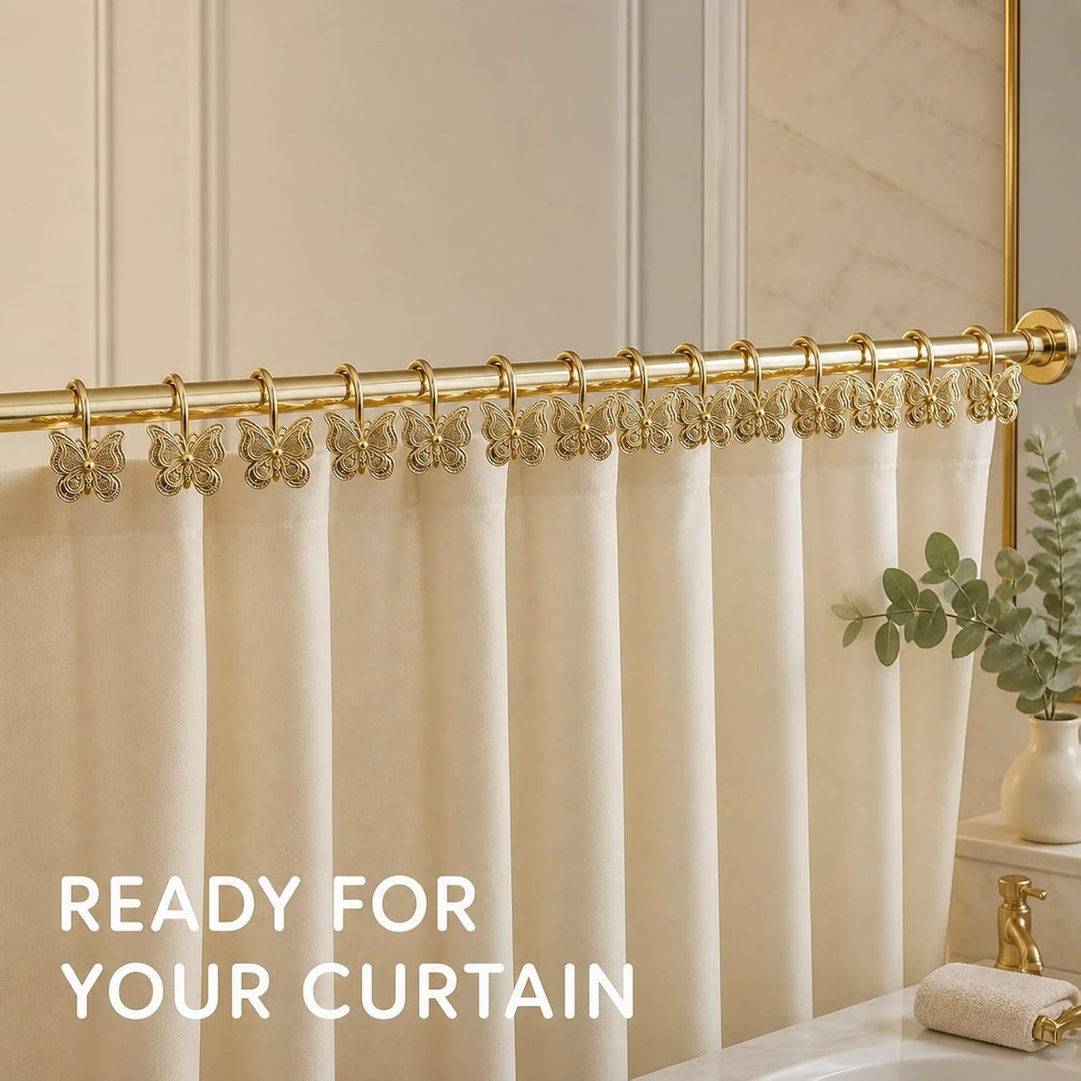 Gold Butterfly Shower Curtain Hooks, Rust Proof Metal for Bathroom 12PCS