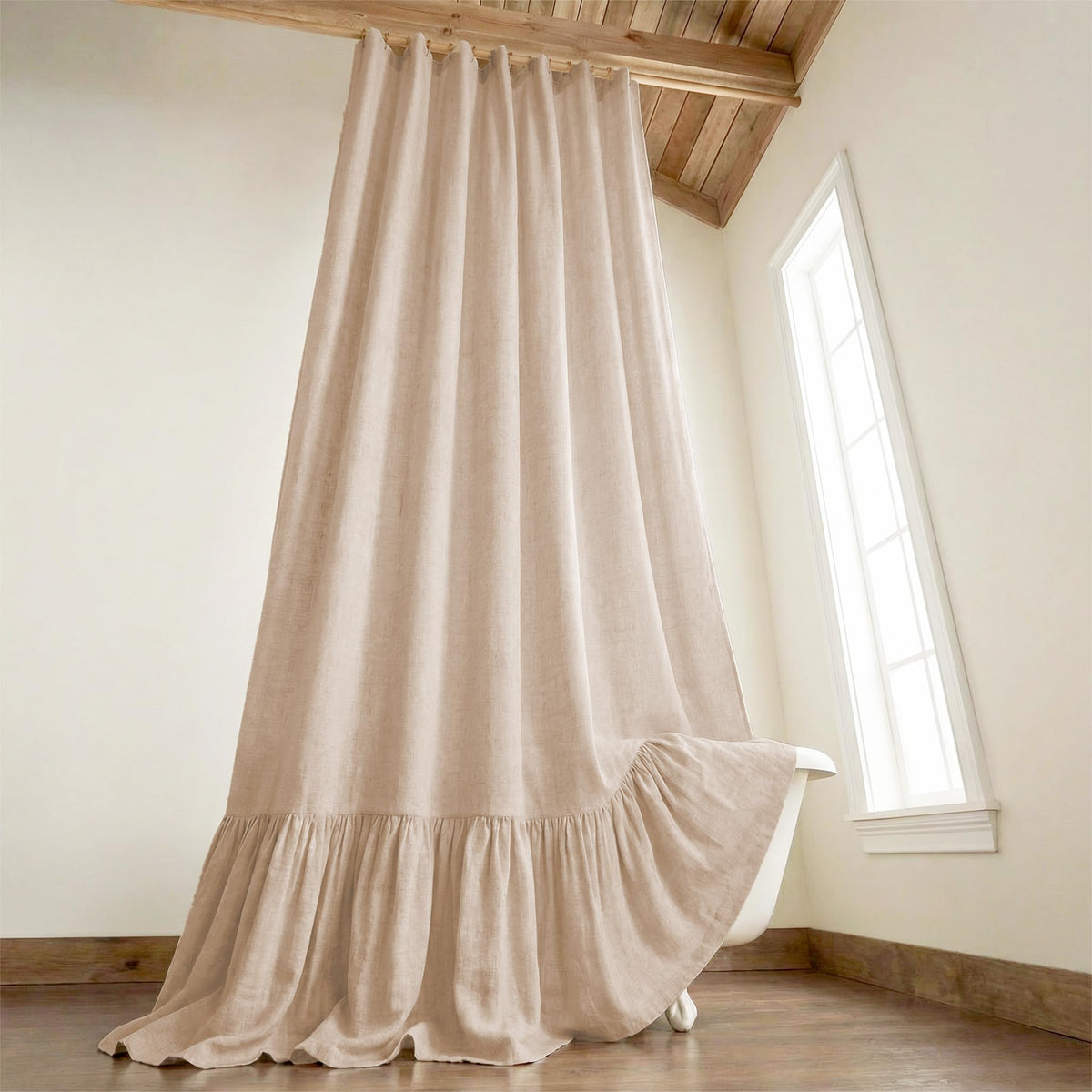 Farmhouse Shower Curtain Ruffle Linen Cream-Brown Stripe 72"W x 84"L