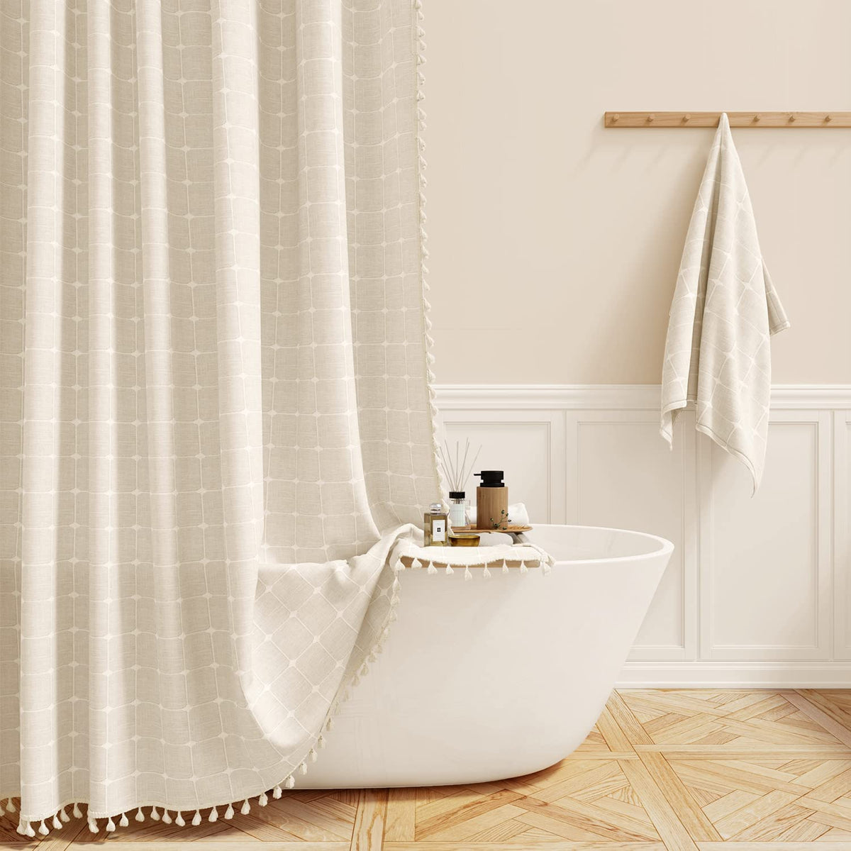 BTTN Sage Green Boho Farmhouse Linen Heavy Duty Shower Curtain Set, 72x72