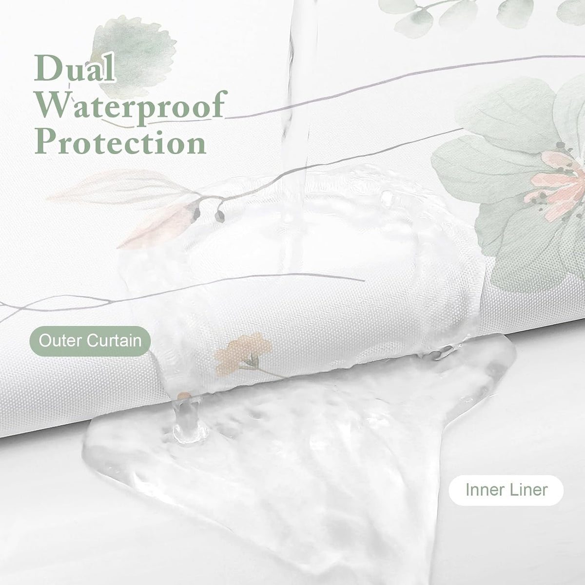 Gibelle 3 in 1 Sage Green Watercolor Floral Shower Curtain Liner Set, 72x72