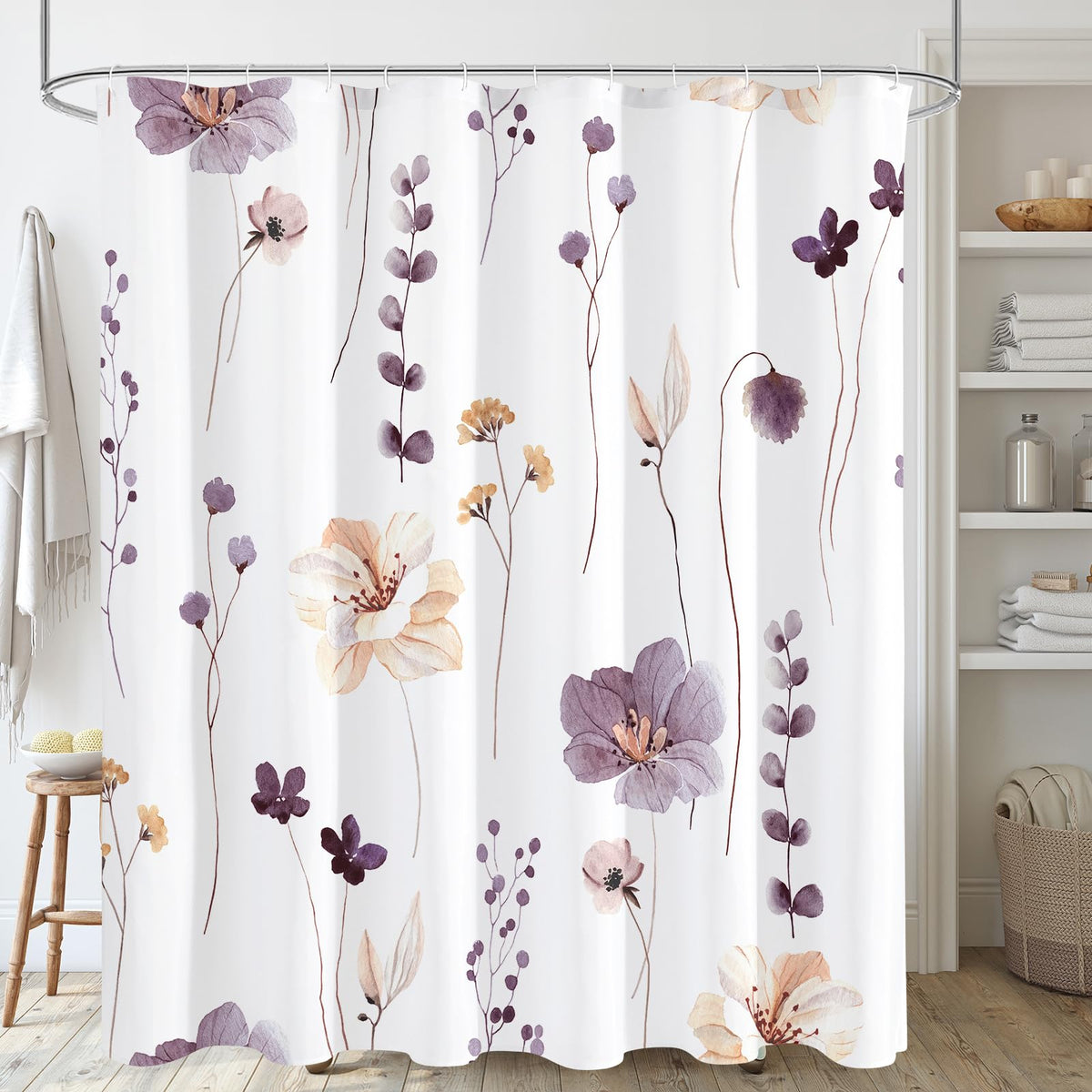 Gibelle Blue Yellow Watercolor Floral Fabric Shower Curtain, 72x72
