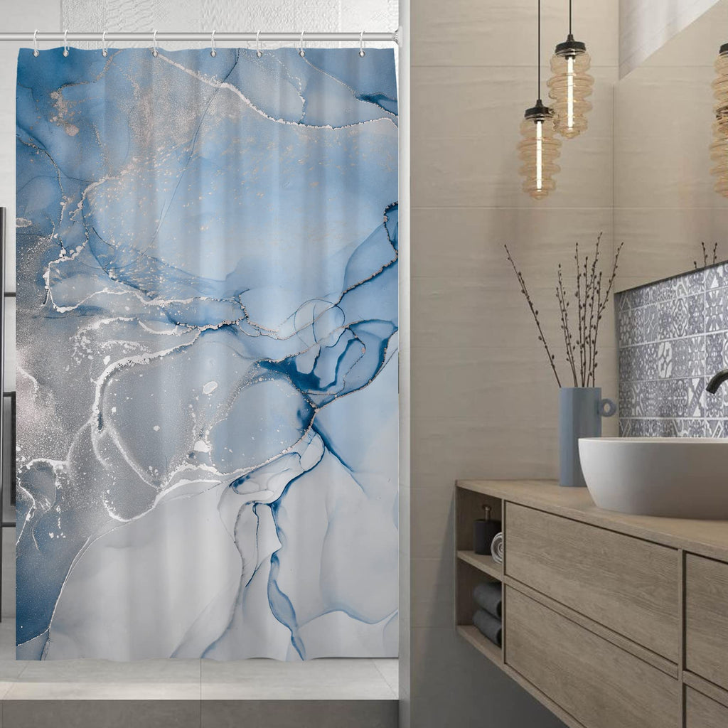 AWERT Blue Marble Shower Curtain - Waterproof for Bathroom Decor, Printed Washable With Hooks, 72x72 Inch
