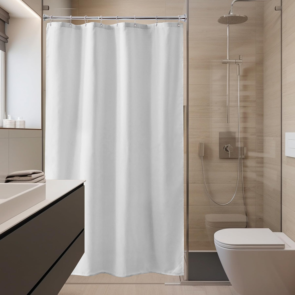 Amazer Ivory Shower Curtain Liner, Ivory Fabric Shower Liner, 2-in-1 Bathroom Shower Curtain and Liner, 12 Grommet Holes, Water Proof, Machine Washable, Hotel Quality, 72 x 72 Inches