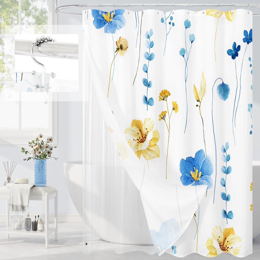 Gibelle 3 in 1 Sage Green Watercolor Floral Shower Curtain Liner Set, 72x72