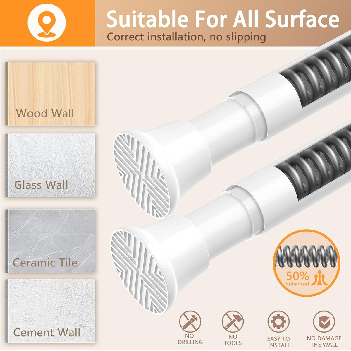 2PCS White tension rod 23-46Inch,Tension Curtain Rods No Drilling