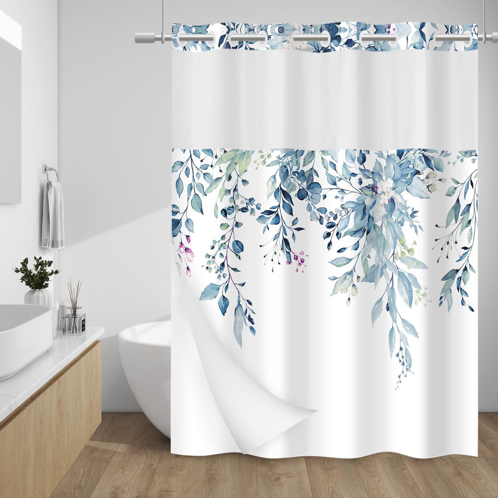 WITHLOC Hook Free Floral Shower Curtain with Liner, Blue Beige, 71x74
