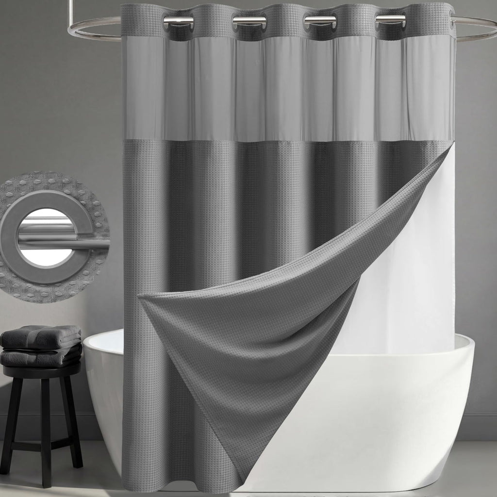 Dynamene Ringless Waffle Weave Fabric Shower Curtain Set, Black, 72"x75"