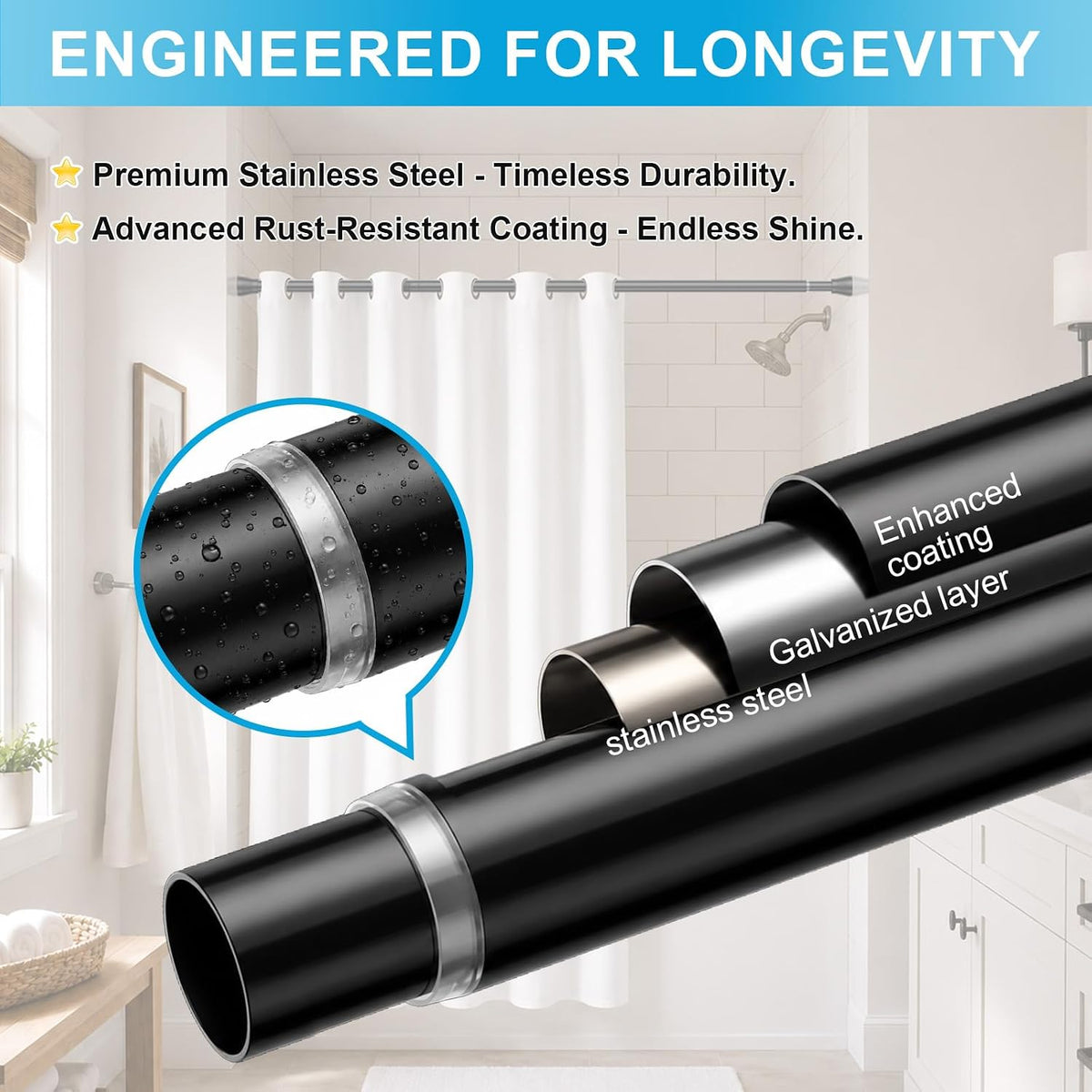 Black Tension Curtain Rod for Windows 28 to 48 Inch Spring Curtain Rods