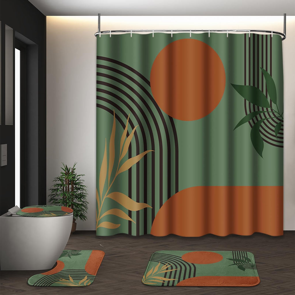 Bathroom Sets with Shower Curtain and Rugs, Set of 4 Geometric Boho